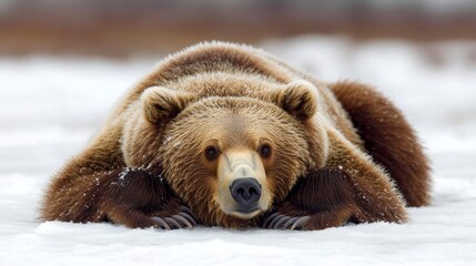 Fototapeta premium Brown Bear Resting in Snowy Serenity