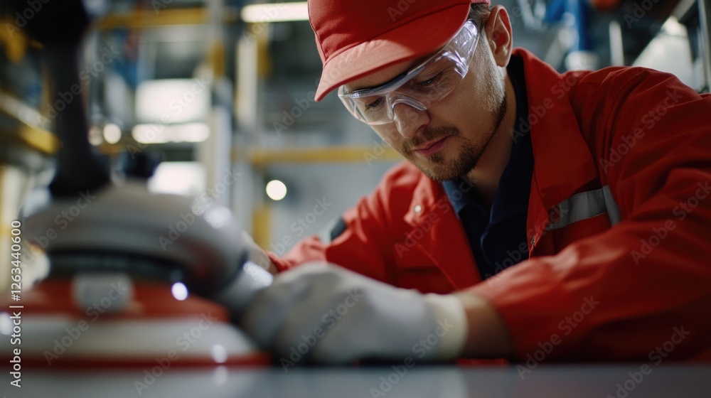 Poster A person working on a machine in a factory environment, suitable for use in industry-related projects or designs
