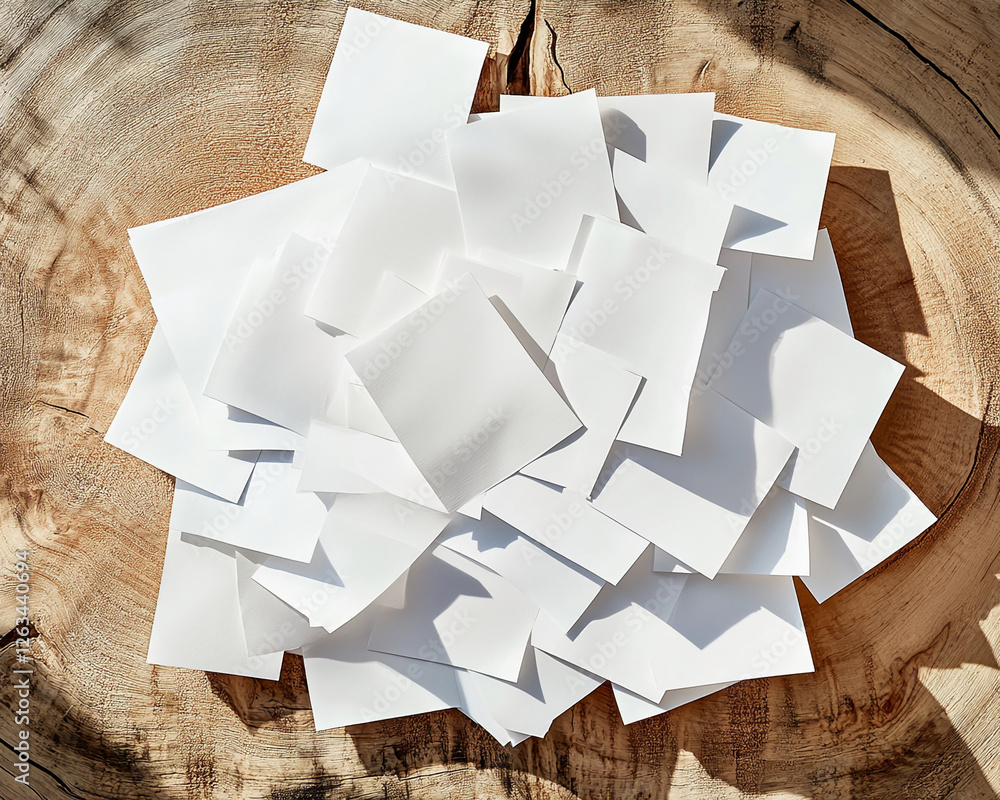 Poster close-up of scattered blank white paper sheets on a wooden surface, symbolizing creativity, potentia