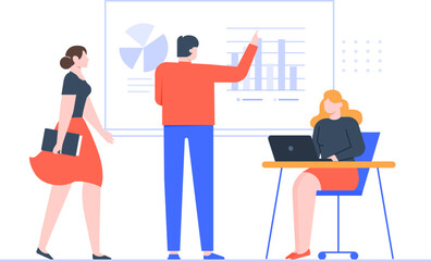Business team working together analyzing graphs and charts during a meeting, explaining strategy and projects using a laptop, brainstorming and sharing ideas in the office