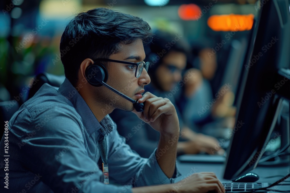 Poster A person working on their laptop while wearing a headset, suitable for use as background or illustration in various tech-related contexts