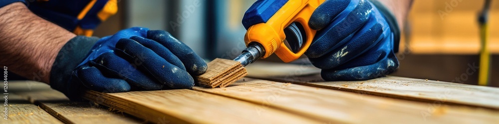 Poster a person cuts wood with a pair of scissors, ideal for illustrations about craftsmanship and diy proj