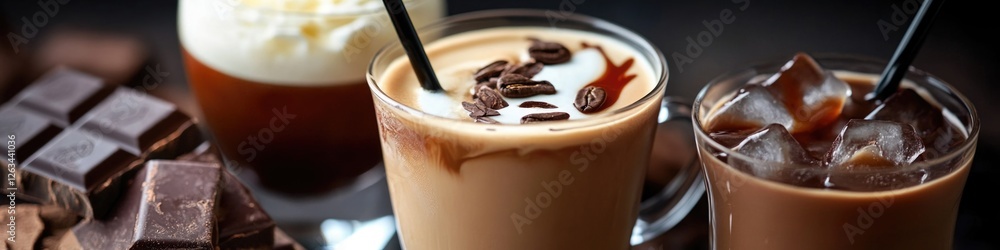 Poster a close-up shot of two drinks with chocolate and ice