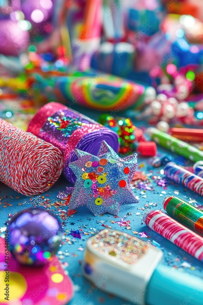 Poster a colorful tabletop filled with various objects and decorative items
