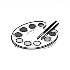 Painting equipment consisting of an oval palette with paint and two brushes lying on top, black and white  illustration