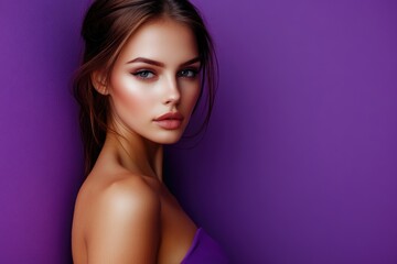 Obraz premium A beautiful young woman wearing a purple dress, possibly at a formal event or celebration