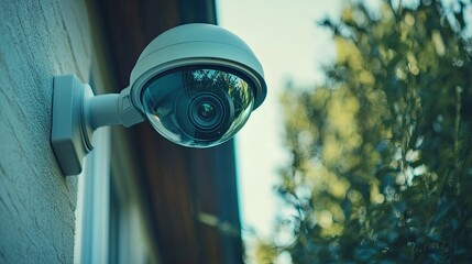 CCTV security system in a modern home: Smartphone showing remote surveillance footage, dome camera mounted above.