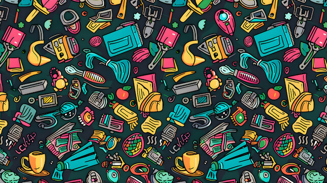 Colorful illustration of various kitchen utensils and tools arranged in a vibrant pattern