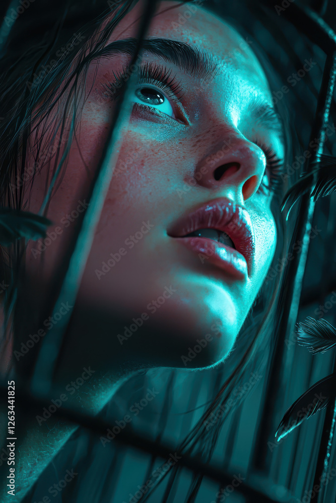 Poster striking portrait of a woman captured in a cage, evoking deep emotion and vulnerability through inte