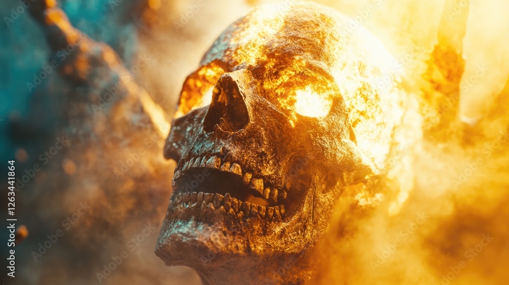 Aufkleber a close-up view of a human skull with flames in the background, suitable for use in horror or fantas