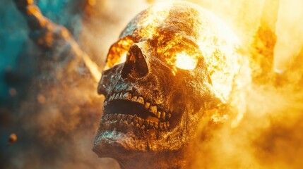 A close-up view of a human skull with flames in the background, suitable for use in horror or fantasy contexts