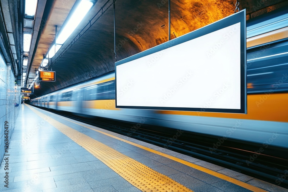 Poster train arriving at a busy subway station with commuters rushing to and fro