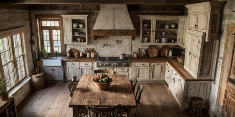 Rustic Farmhouse Kitchen With Wooden Table and Cabinets