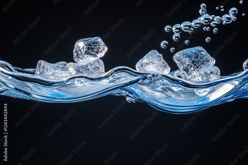 Poster crystal-clear ice cubes floating in sparkling water, creating a refreshing and invigorating visual, 