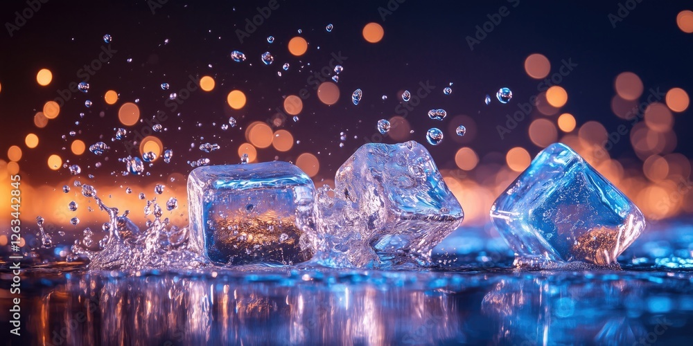 Aufkleber three ice cubes splashing into water, creating dynamic droplets and a vibrant bokeh background, evok
