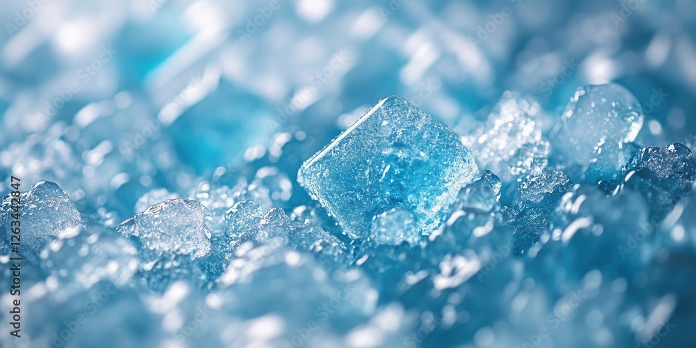 Poster a close-up view of sparkling blue ice cubes, creating a refreshing and cool atmosphere, perfect for 