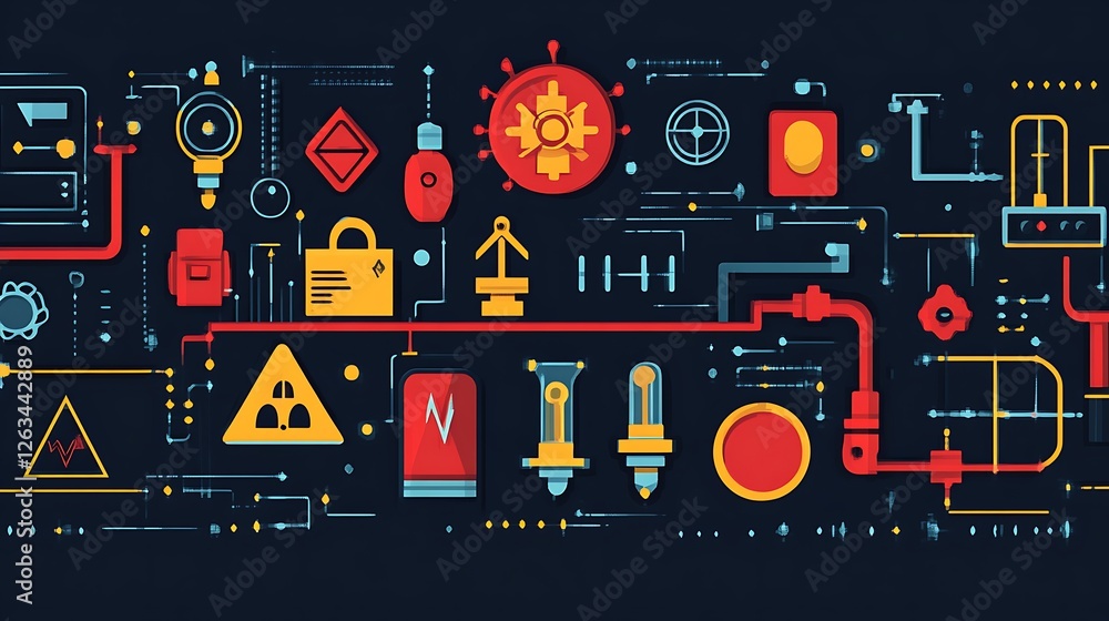 Poster abstract illustration of a complex technological system with various interconnected components and s