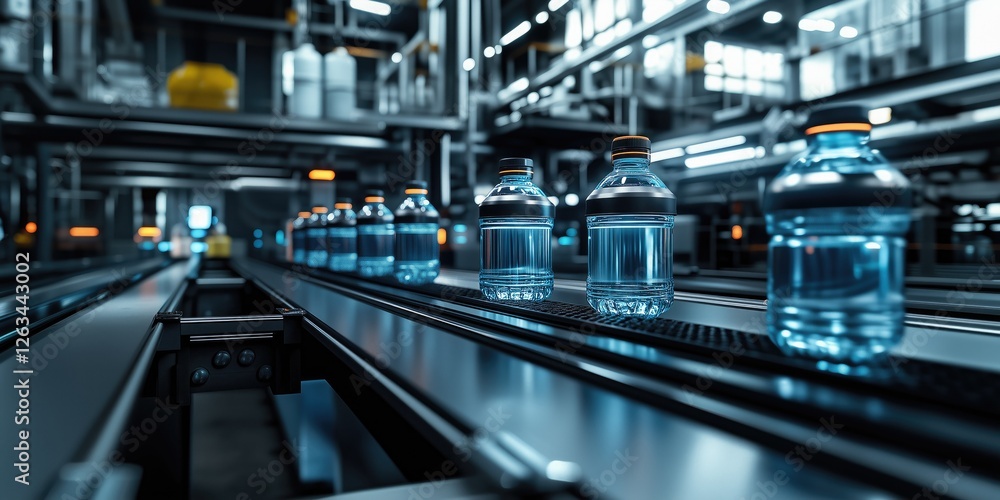 Poster a close-up view of water bottles on a conveyor belt in a modern factory, showcasing efficiency and a