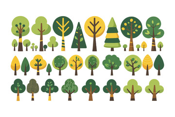 Trees set in Scandinavian kids style.Flat Vector Trees for Design elements with leaves, branches and trunks. Doodle naive forest plants. Diverse Set of Stylized Tree Illustrations in Flat Vector Style