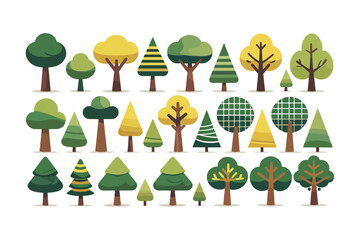 Trees set in Scandinavian kids style.Flat Vector Trees for Design elements with leaves, branches and trunks. Doodle naive forest plants. Diverse Set of Stylized Tree Illustrations in Flat Vector Style