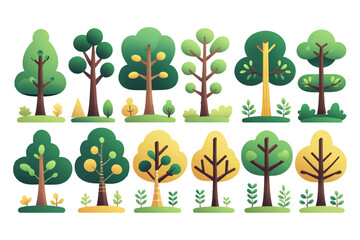 Trees set in Scandinavian kids style.Flat Vector Trees for Design elements with leaves, branches and trunks. Doodle naive forest plants. Diverse Set of Stylized Tree Illustrations in Flat Vector Style