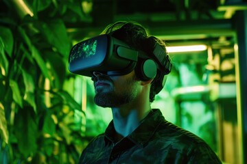 A bearded man immersed in a virtual reality experience, surrounded by lush green foliage.