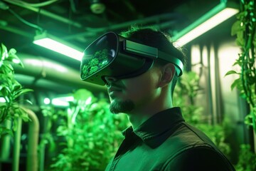 A man wearing a VR headset, seemingly exploring a virtual indoor garden.