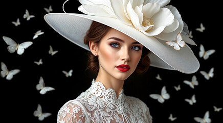 A woman in a lace dress and an elaborate white hat adorned with flowers. She is surrounded by fluttering white butterflies, creating a dreamy and whimsical atmosphere.
