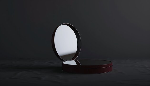 Minimalist black background, round mirror in maroon case, dark grey backdrop, left side, high-res, sharp focus