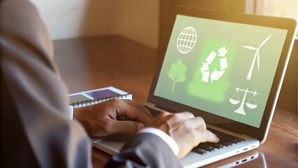 Businessman using a laptop to monitor CO2 reduction technology, displaying environmental icons and clean energy symbols, promoting Net Zero and sustainable business practices