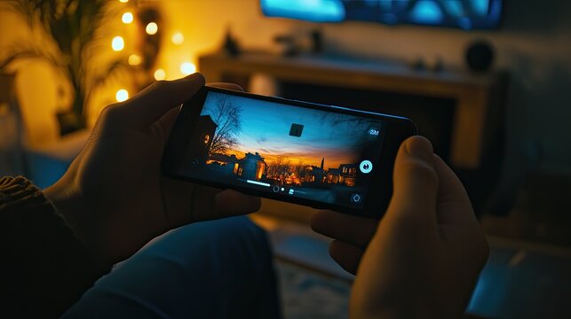 Modern surveillance: Hand holding a phone displaying real-time footage from a security camera mounted in a bright home.