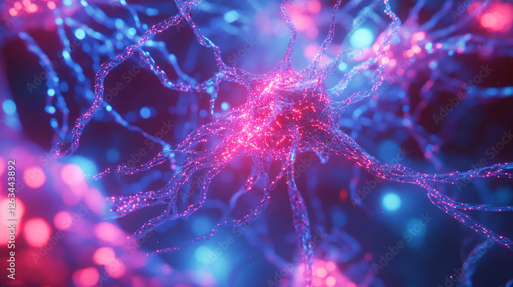 Poster a close-up view of a glowing neuron network with vibrant pink, blue, and purple lights, symbolizing 