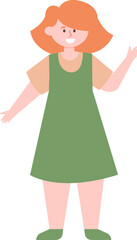 Full length vector illustration featuring a young woman with vibrant red hair, wearing a cheerful green apron, smiling and waving happily with her hand raised in a friendly greeting