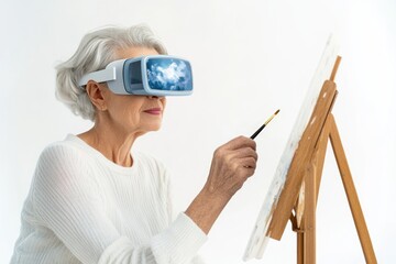 Elderly woman uses VR glasses to paint a virtual landscape, exploring new artistic possibilities.