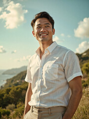 Summer 2025 AI neon trends: A man standing on top of a hill next to the ocean.