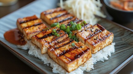 Grilled tofu and soy cheese slices on a plate with rice and spicy sauce. A glass of beverage and chopsticks are also included.