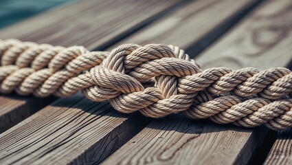 Fototapeta premium Close-Up of a Sturdy Nautical Knot on Weathered Wooden Planks, Symbolizing Strength and Maritime Tradition