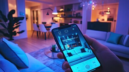 Fototapeta premium Secure home technology: Modern surveillance camera tracking indoor activity, smartphone showing clear live footage.