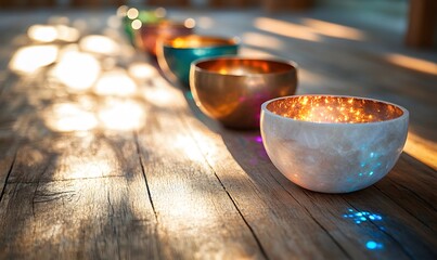 Row of colorful singing bowls on a wooden surface with bokeh and light effects