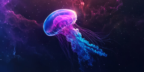 Fototapeta premium A vibrant cosmic jellyfish nebula, its tendrils of purple and blue gas drifting gracefully through the interstellar void.