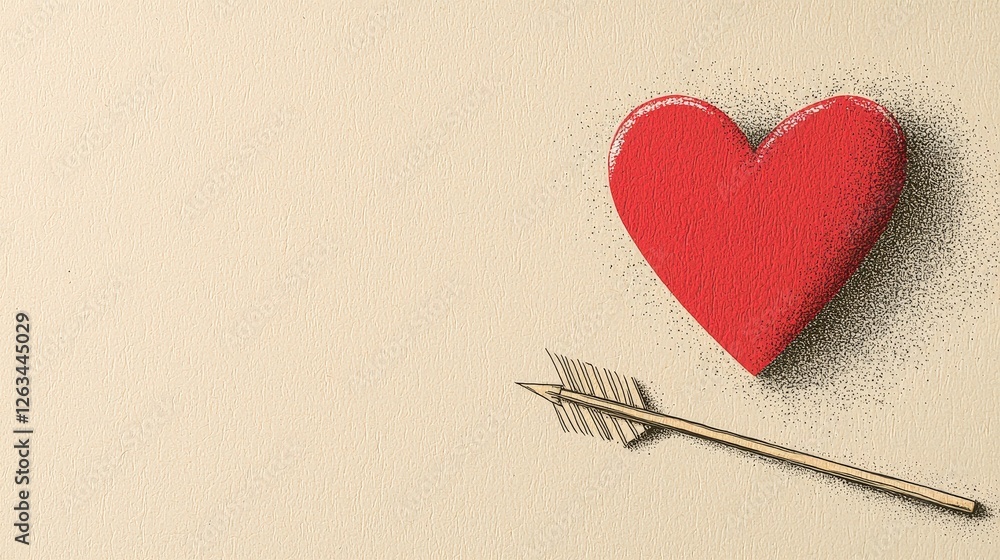 Poster stylish red heart with arrow on soft beige background