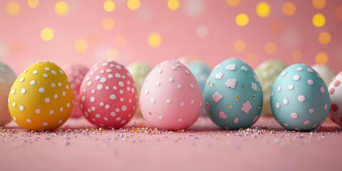 Colorful decorated eggs lined up on a pink background with sparkling lights in a festive atmosphere during Easter season