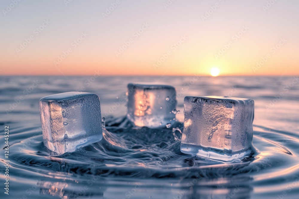 Poster three ice cubes floating in calm water during sunset, creating a serene and refreshing atmosphere, e