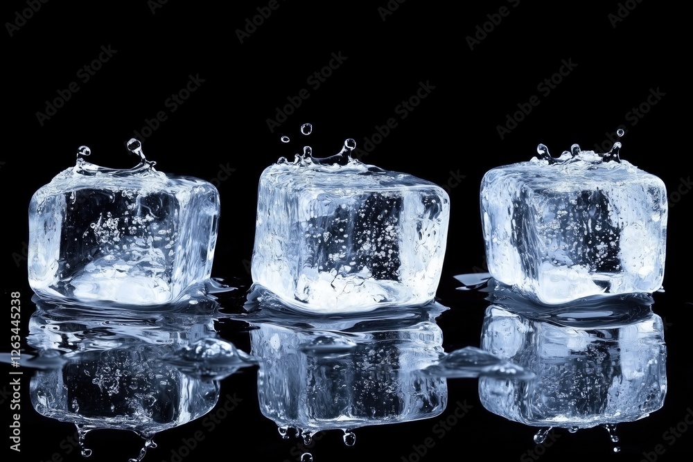 Poster three ice cubes splashing in water against a black background, creating a refreshing and dynamic vis
