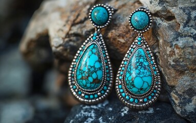 Intricate turquoise stone earrings with silver bead detail on rustic rock
