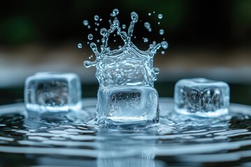 Three ice cubes create a splash in clear water, capturing the essence of refreshment and coolness on a hot day.