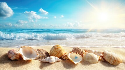 Sun-kissed beach sand covered with seashells, waves glistening in the background under a bright blue sky.