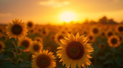 Fototapeta premium Golden Hour Sunflowers: A Sunset Symphony in a Sunflower Field