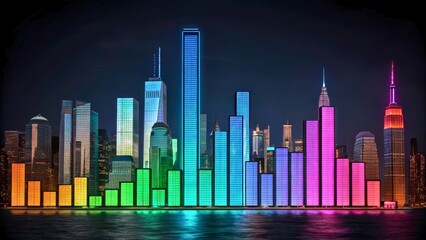 Obraz premium Vibrant City Skyline with Colorful Lights at Night with Reflections in Water