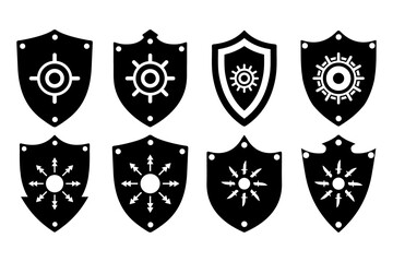 Obraz premium Shield Silhouette Icon vector Pack Unique Security Fantasy Shield Designs illustration on white background.